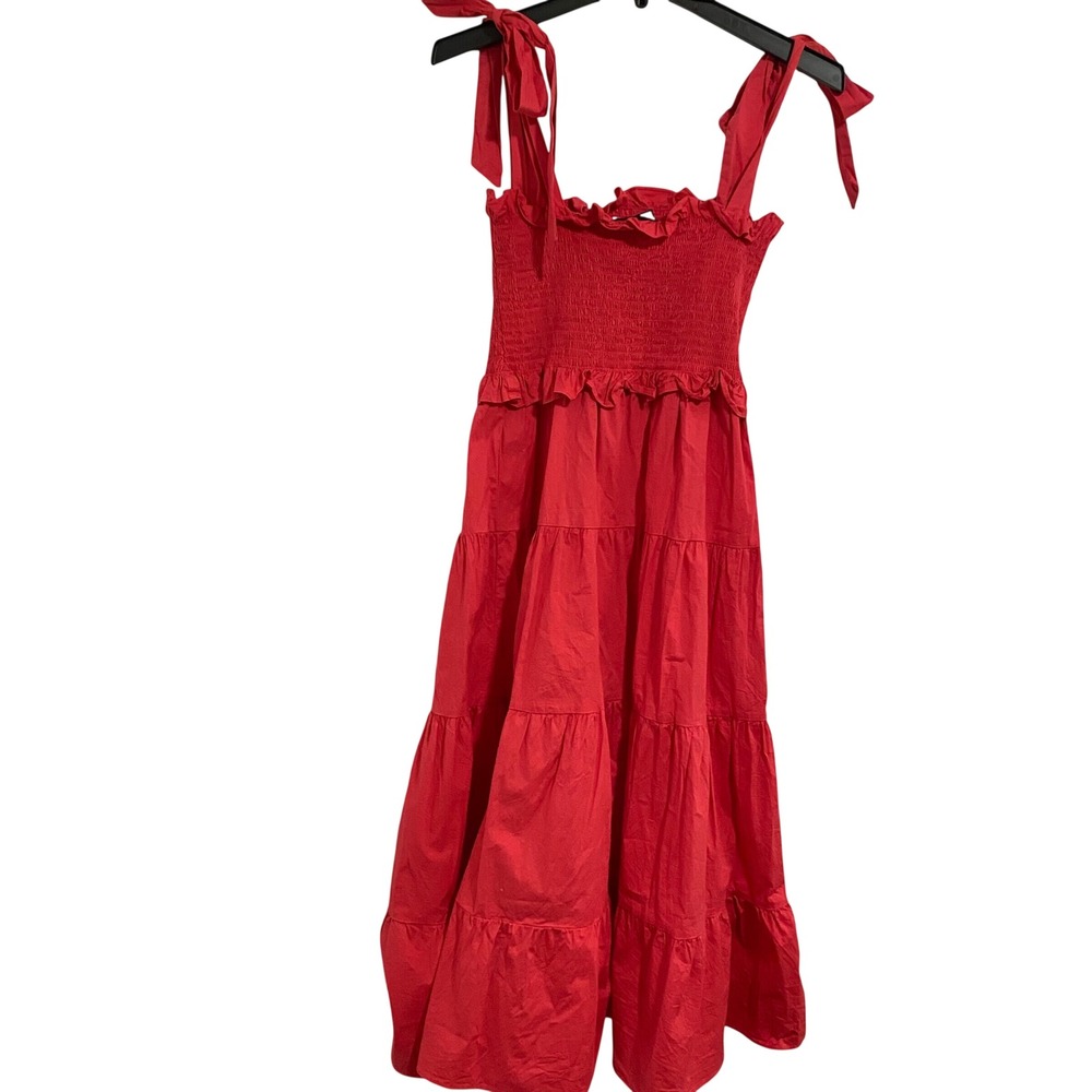 Tuckernuck Cottagecore Tiered Smocked Midi Dress Womens S Red Tie Shoulder - Picture 7 of 7